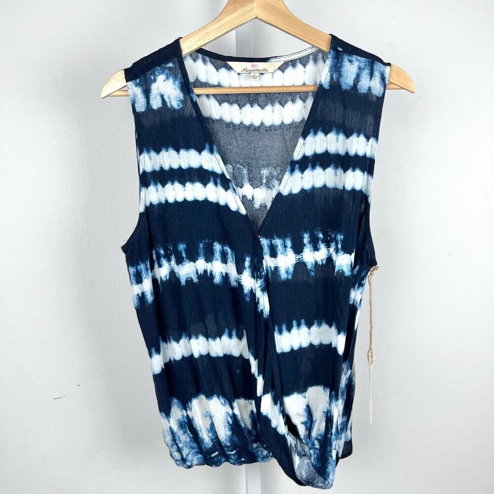 NWT MARGARITAVILLE  L Tie Dye Sleeveless Shirt V-Neck Wrap Top Navy Blue White